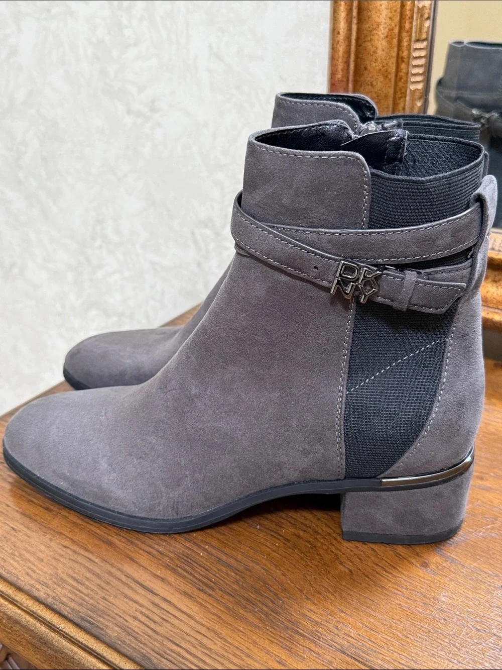 DKNY Gray Suede Ankle Booties with Logo strap accents. Size 7.